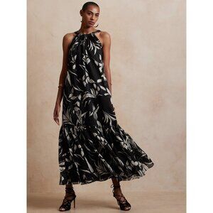 Banana Republic Fino Ramie Black Floral Low Back Tiered Maxi Dress M Oversized